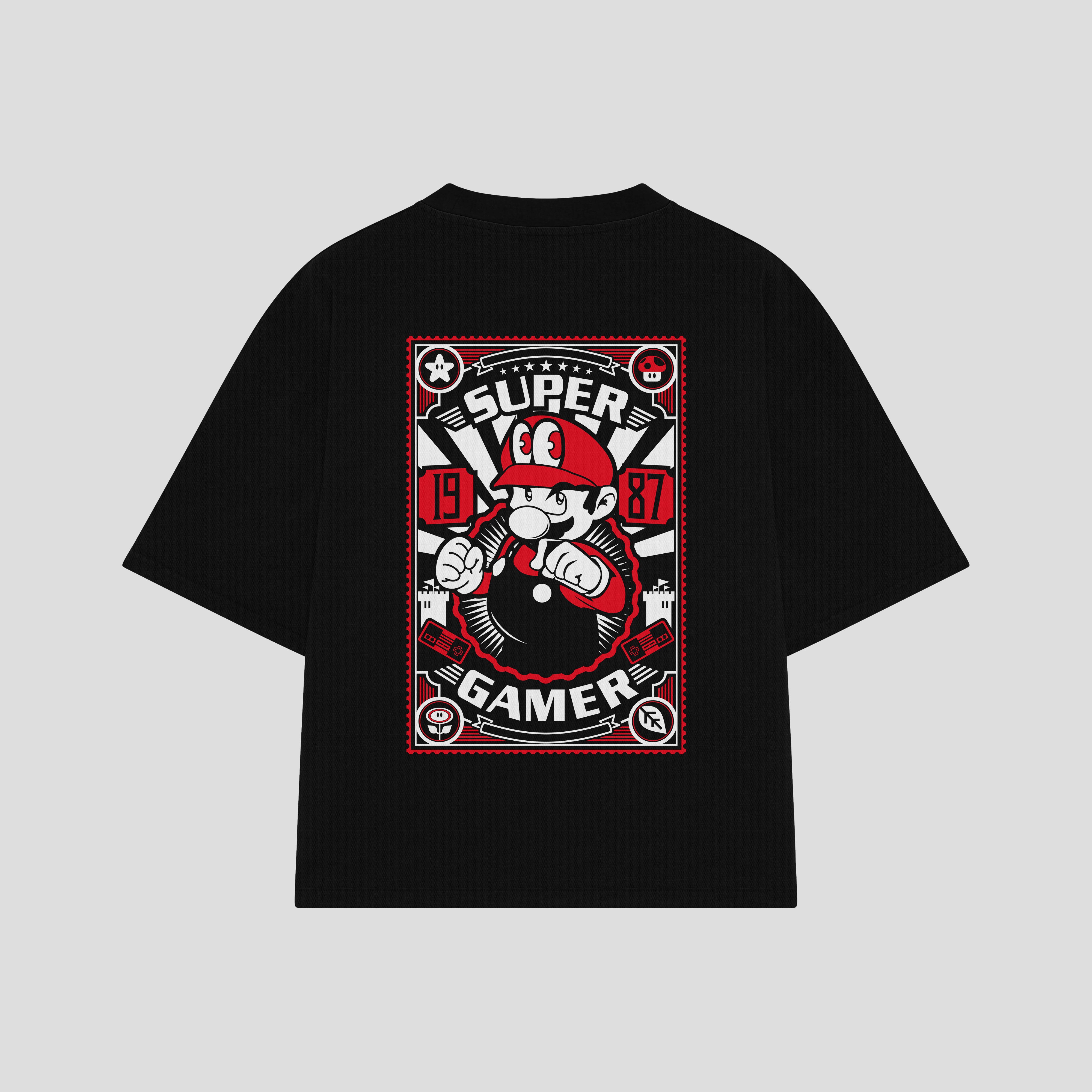 Playera streetwear premium de anime y gaming ExtraLife MX, corte boxy oversized drop shoulder heavyweight en color Deep Black y Off-White, moda urbana mexicana de culto.