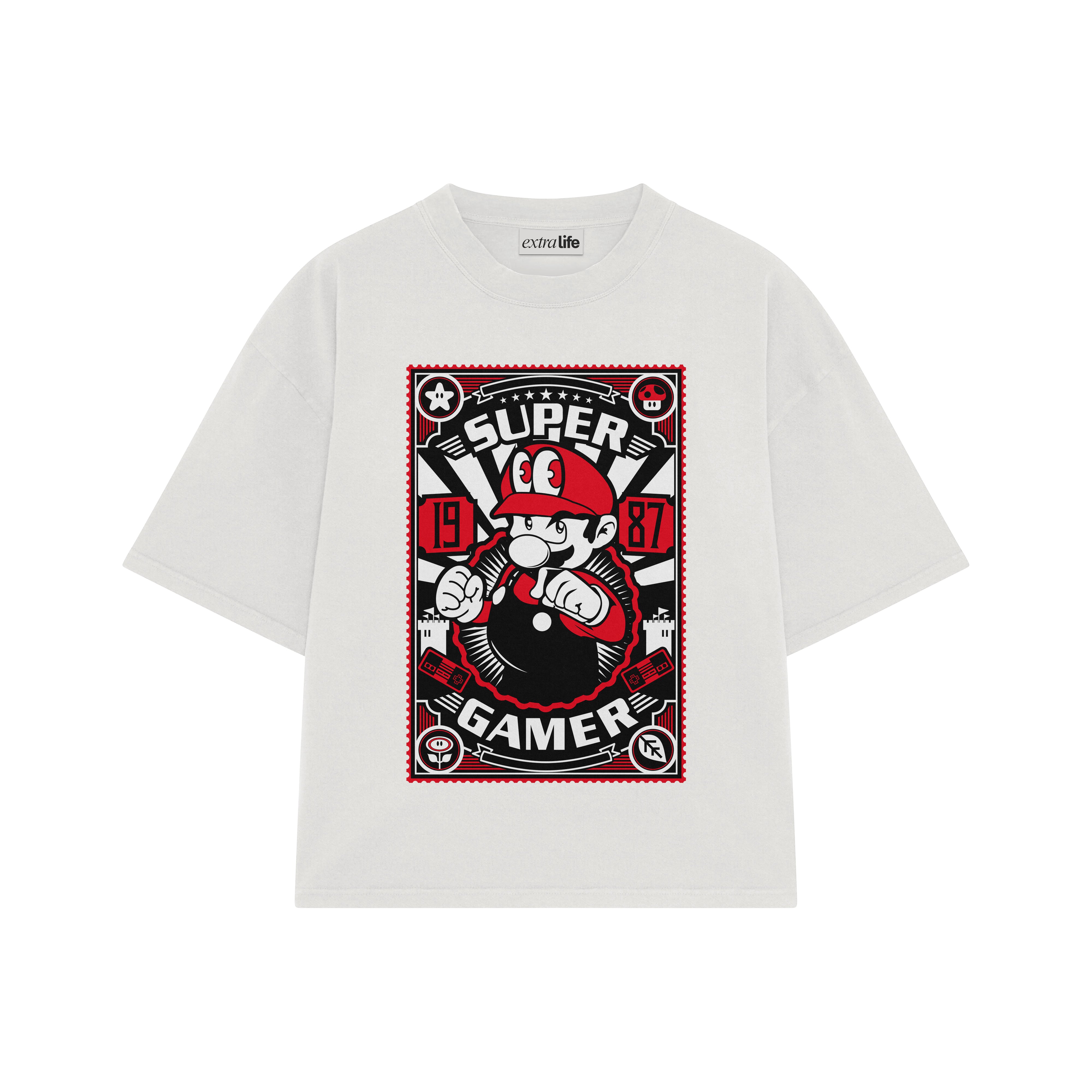 Playera streetwear premium de anime y gaming ExtraLife MX, corte boxy oversized drop shoulder heavyweight en color Deep Black y Off-White, moda urbana mexicana de culto.