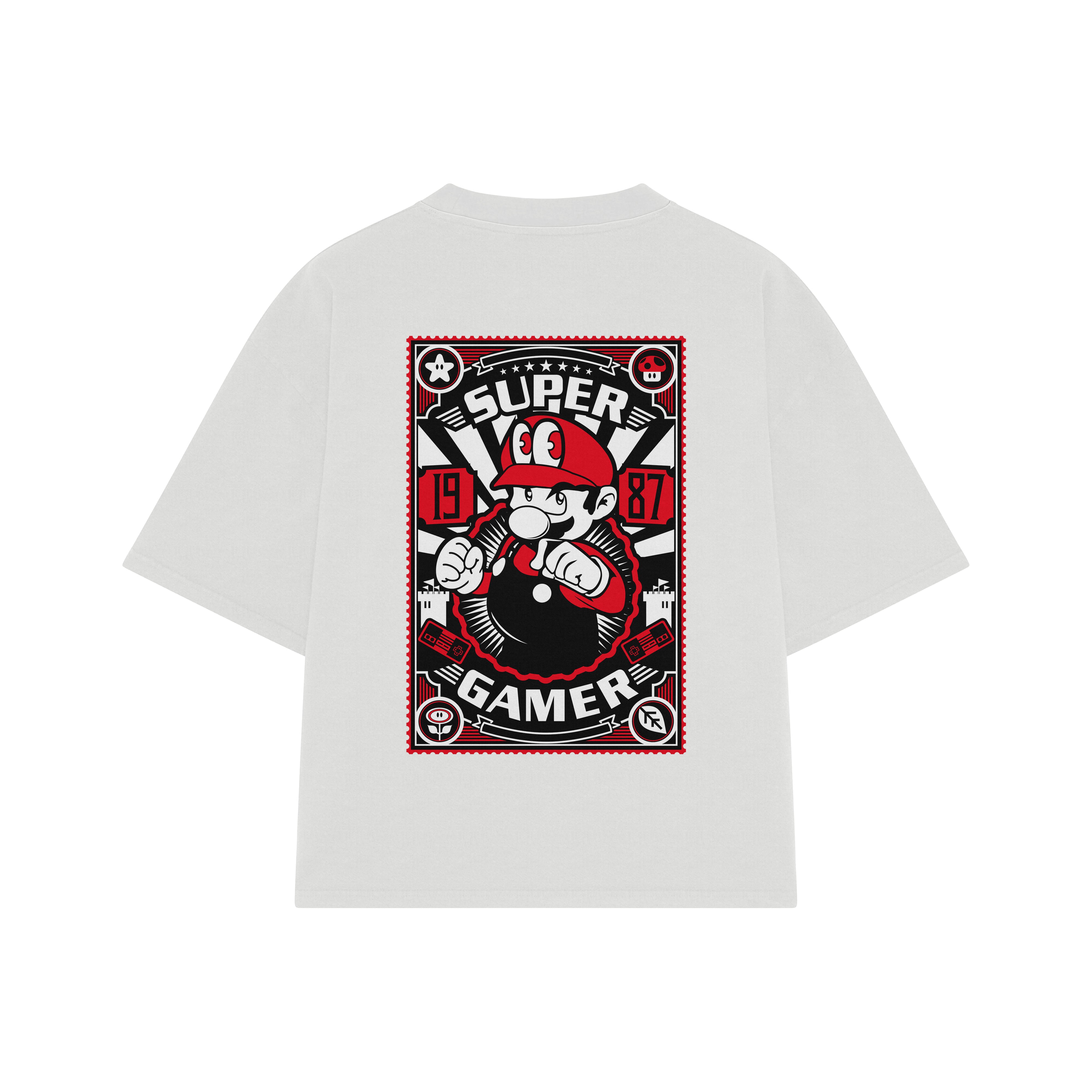Playera streetwear premium de anime y gaming ExtraLife MX, corte boxy oversized drop shoulder heavyweight en color Deep Black y Off-White, moda urbana mexicana de culto.