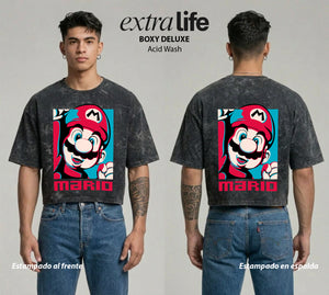 Playera streetwear premium de anime y gaming ExtraLife MX, corte boxy deluxe mineral wash heavyweight en color Acid Wash, moda urbana mexicana de culto.