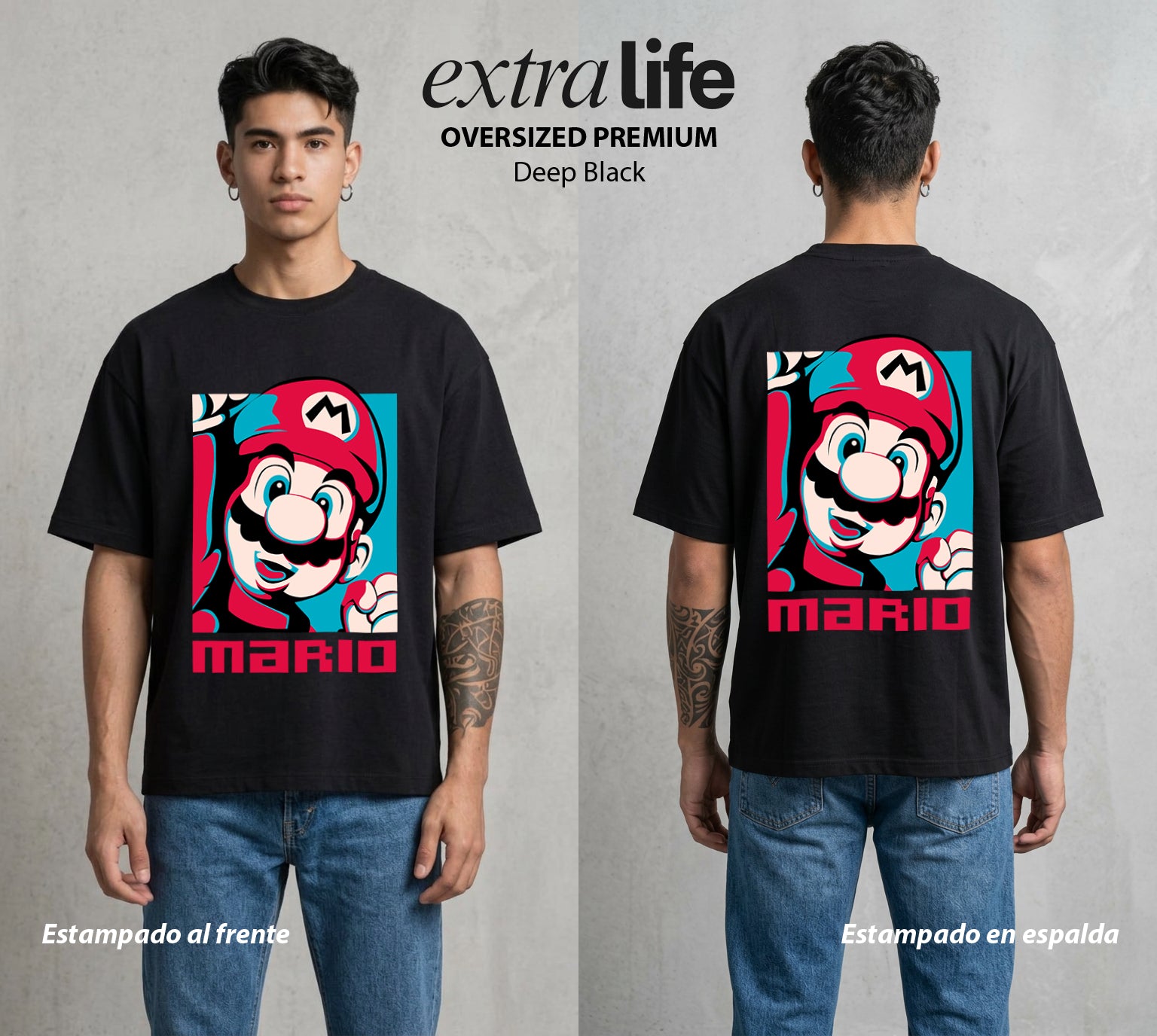 El Reino del Fontanero | El Campeon del Hongo #02213 - Playera Oversized Premium | Deep Black - Foto en modelo