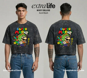 Playera streetwear premium de anime y gaming ExtraLife MX, corte boxy deluxe mineral wash heavyweight en color Acid Wash, moda urbana mexicana de culto.
