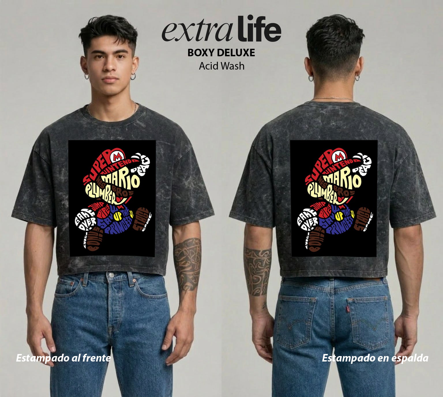Playera streetwear premium de anime y gaming ExtraLife MX, corte boxy deluxe mineral wash heavyweight en color Acid Wash, moda urbana mexicana de culto.