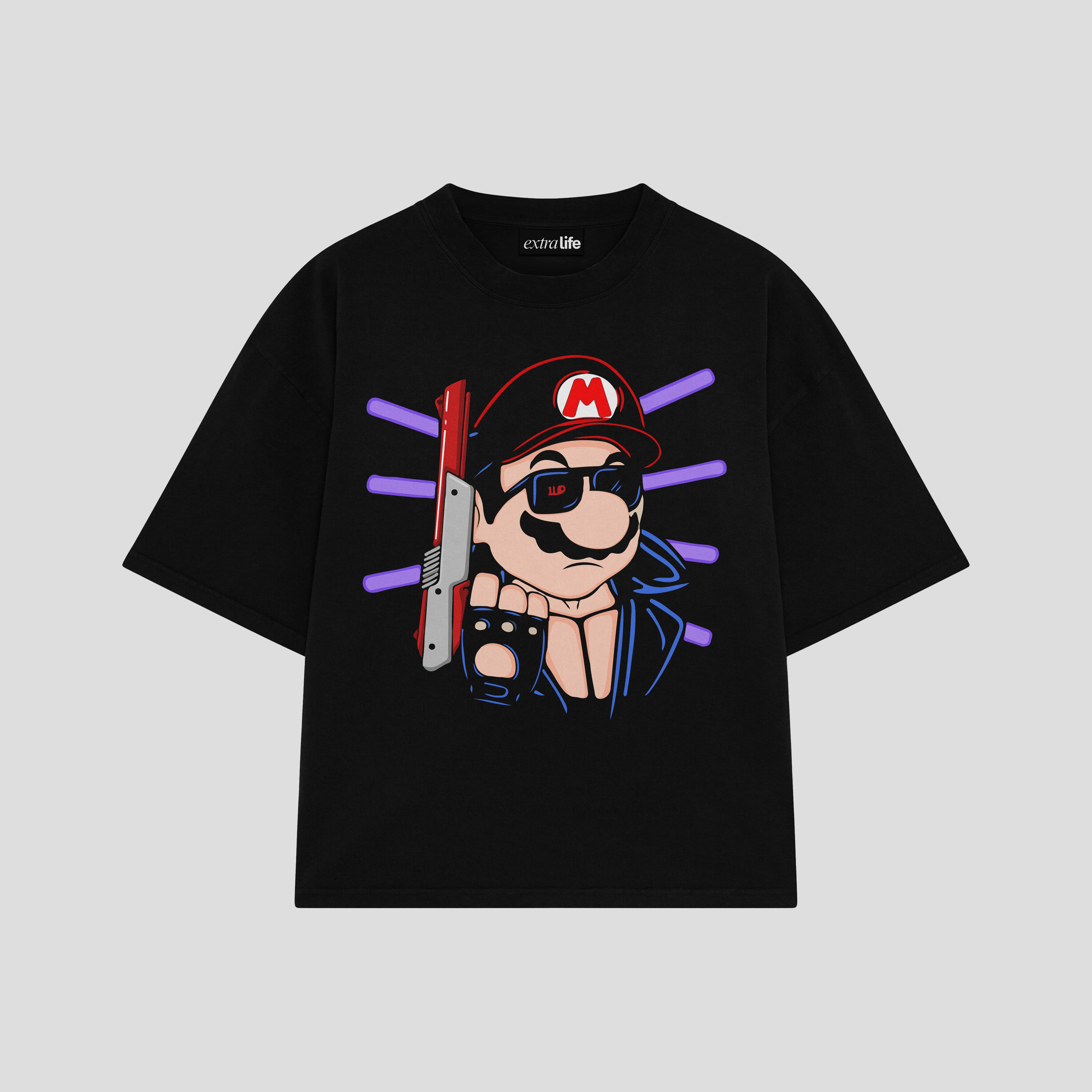 Playera streetwear premium de anime y gaming ExtraLife MX, corte boxy oversized drop shoulder heavyweight en color Deep Black y Off-White, moda urbana mexicana de culto.