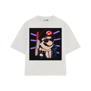 Playera streetwear premium de anime y gaming ExtraLife MX, corte boxy oversized drop shoulder heavyweight en color Deep Black y Off-White, moda urbana mexicana de culto.