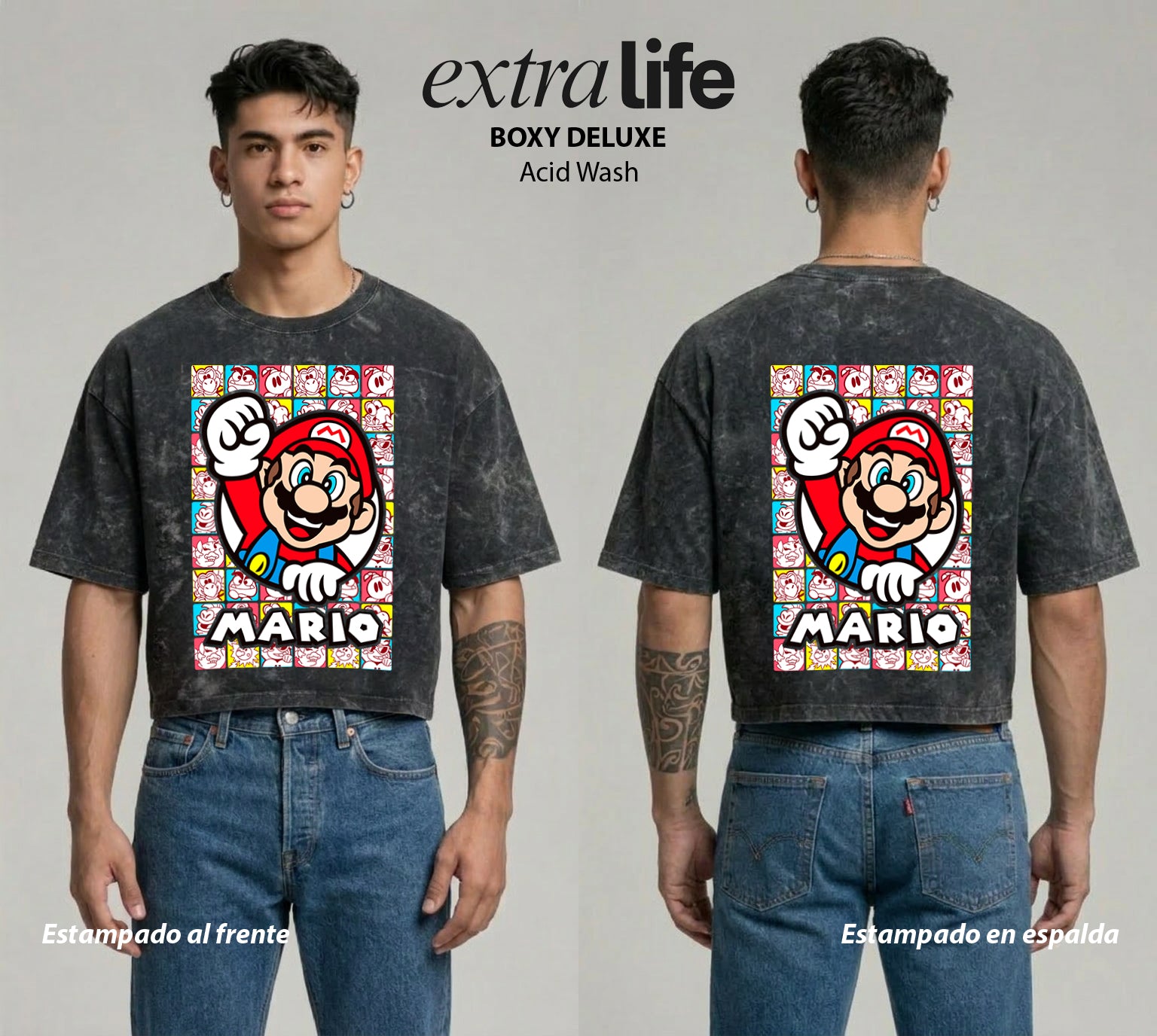 Playera streetwear premium de anime y gaming ExtraLife MX, corte boxy deluxe mineral wash heavyweight en color Acid Wash, moda urbana mexicana de culto.