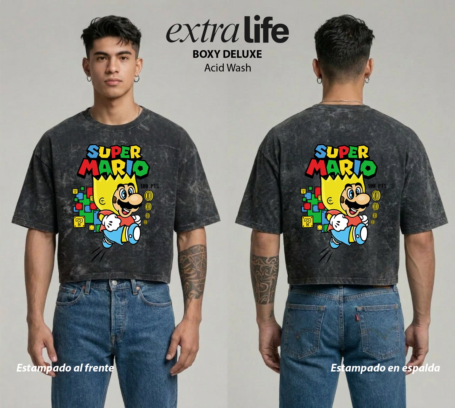 Playera streetwear premium de anime y gaming ExtraLife MX, corte boxy deluxe mineral wash heavyweight en color Acid Wash, moda urbana mexicana de culto.