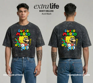 Playera streetwear premium de anime y gaming ExtraLife MX, corte boxy deluxe mineral wash heavyweight en color Acid Wash, moda urbana mexicana de culto.