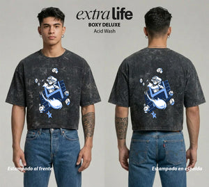 Playera streetwear premium de anime y gaming ExtraLife MX, corte boxy deluxe mineral wash heavyweight en color Acid Wash, moda urbana mexicana de culto.
