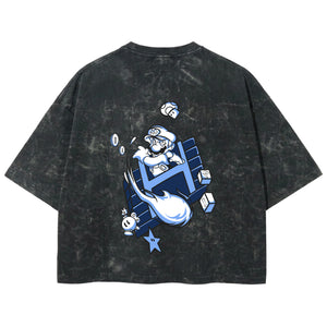 Playera streetwear premium de anime y gaming ExtraLife MX, corte boxy deluxe mineral wash heavyweight en color Acid Wash, moda urbana mexicana de culto.