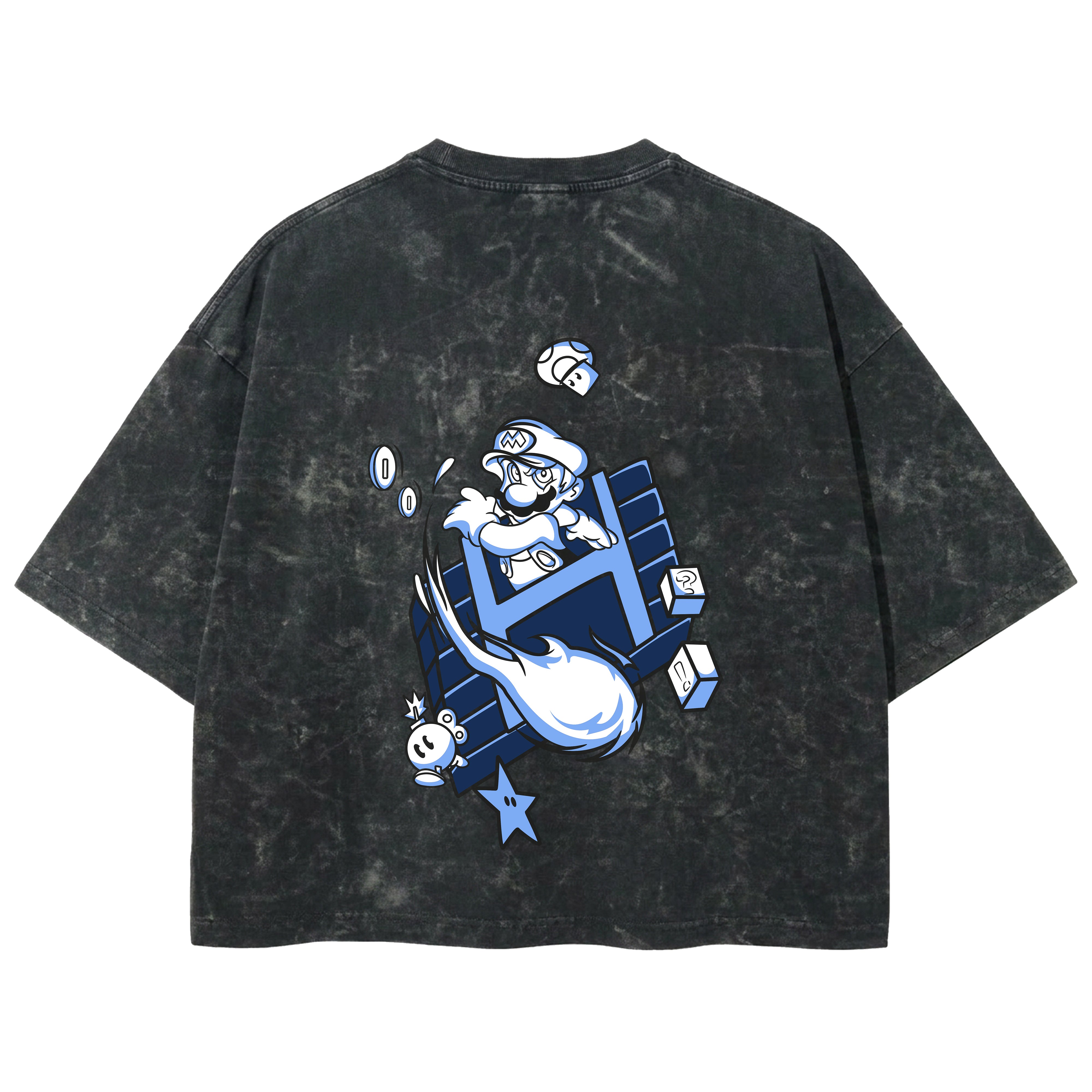 Playera streetwear premium de anime y gaming ExtraLife MX, corte boxy deluxe mineral wash heavyweight en color Acid Wash, moda urbana mexicana de culto.