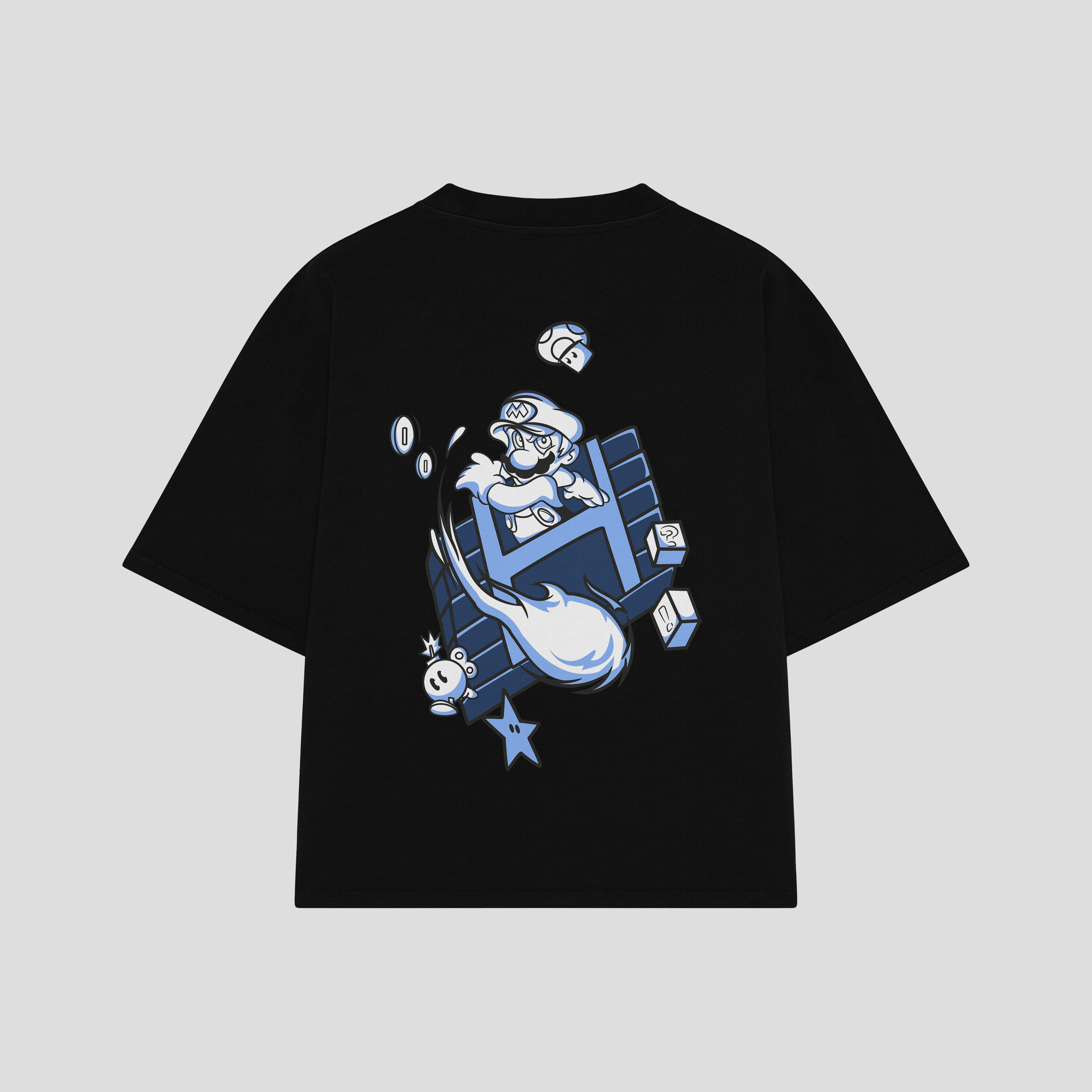 Playera streetwear premium de anime y gaming ExtraLife MX, corte boxy oversized drop shoulder heavyweight en color Deep Black y Off-White, moda urbana mexicana de culto.
