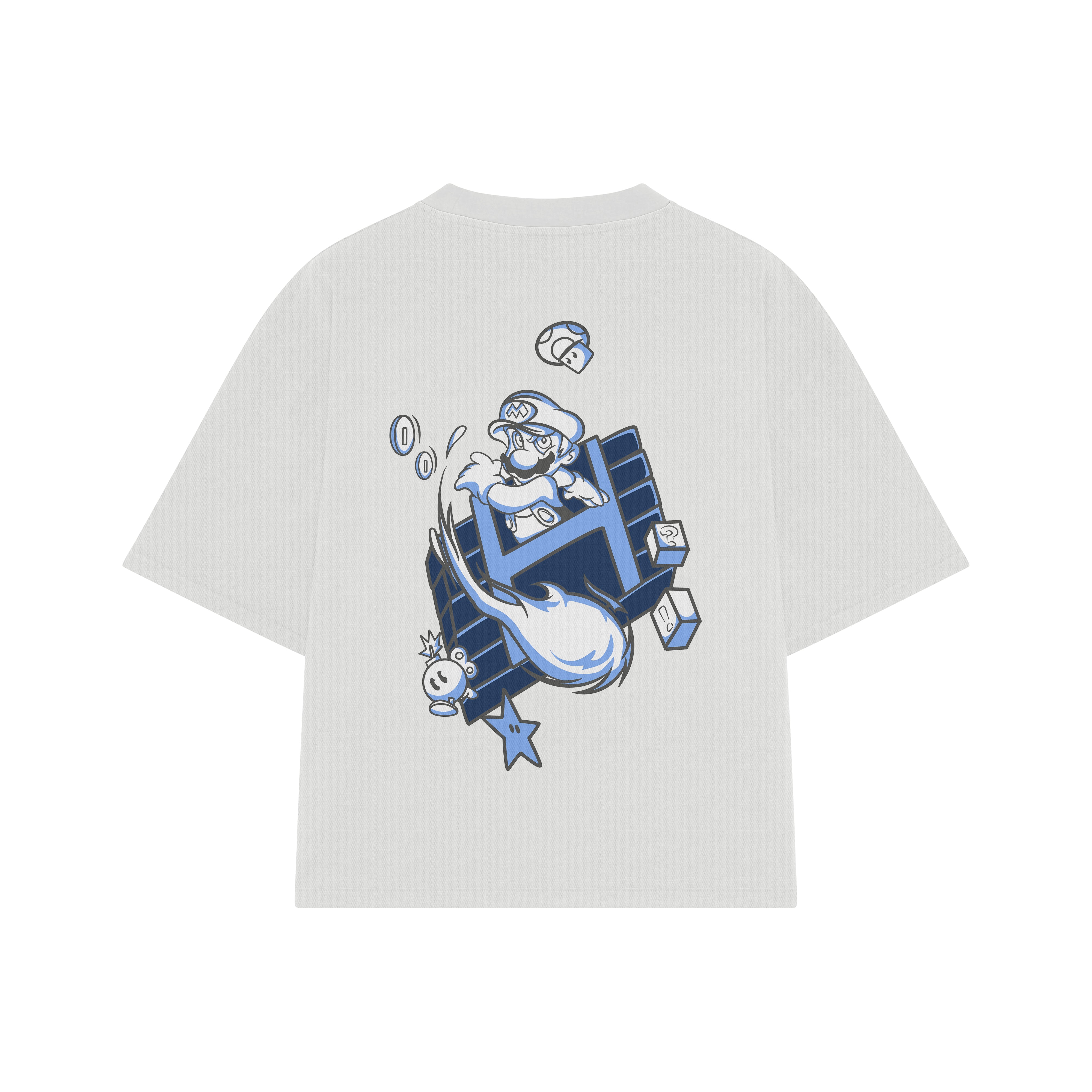Playera streetwear premium de anime y gaming ExtraLife MX, corte boxy oversized drop shoulder heavyweight en color Deep Black y Off-White, moda urbana mexicana de culto.