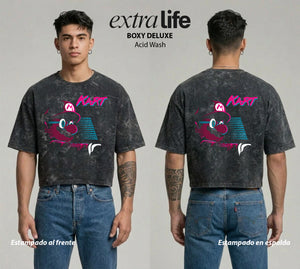 Playera streetwear premium de anime y gaming ExtraLife MX, corte boxy deluxe mineral wash heavyweight en color Acid Wash, moda urbana mexicana de culto.