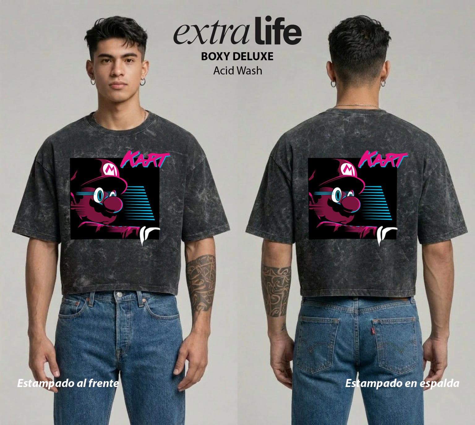 Playera streetwear premium de anime y gaming ExtraLife MX, corte boxy deluxe mineral wash heavyweight en color Acid Wash, moda urbana mexicana de culto.