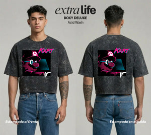 Playera streetwear premium de anime y gaming ExtraLife MX, corte boxy deluxe mineral wash heavyweight en color Acid Wash, moda urbana mexicana de culto.
