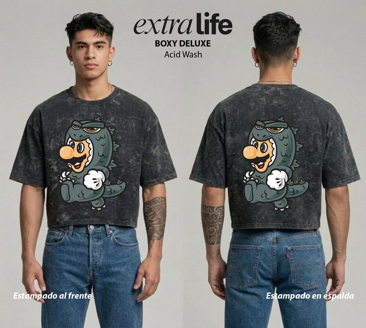 Playera streetwear premium de anime y gaming ExtraLife MX, corte boxy deluxe mineral wash heavyweight en color Acid Wash, moda urbana mexicana de culto.