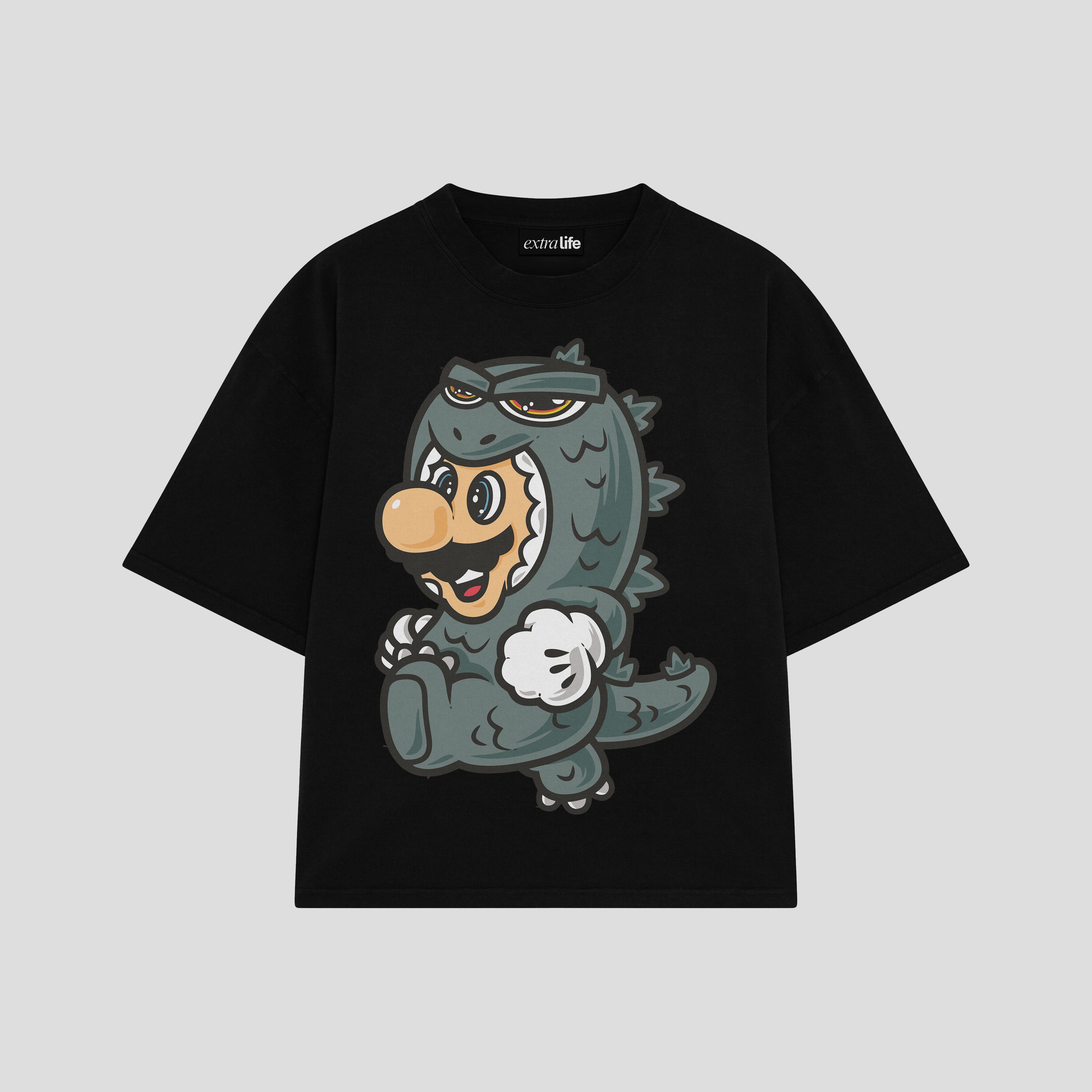 Playera streetwear premium de anime y gaming ExtraLife MX, corte boxy oversized drop shoulder heavyweight en color Deep Black y Off-White, moda urbana mexicana de culto.