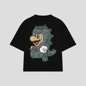 Playera streetwear premium de anime y gaming ExtraLife MX, corte boxy oversized drop shoulder heavyweight en color Deep Black y Off-White, moda urbana mexicana de culto.