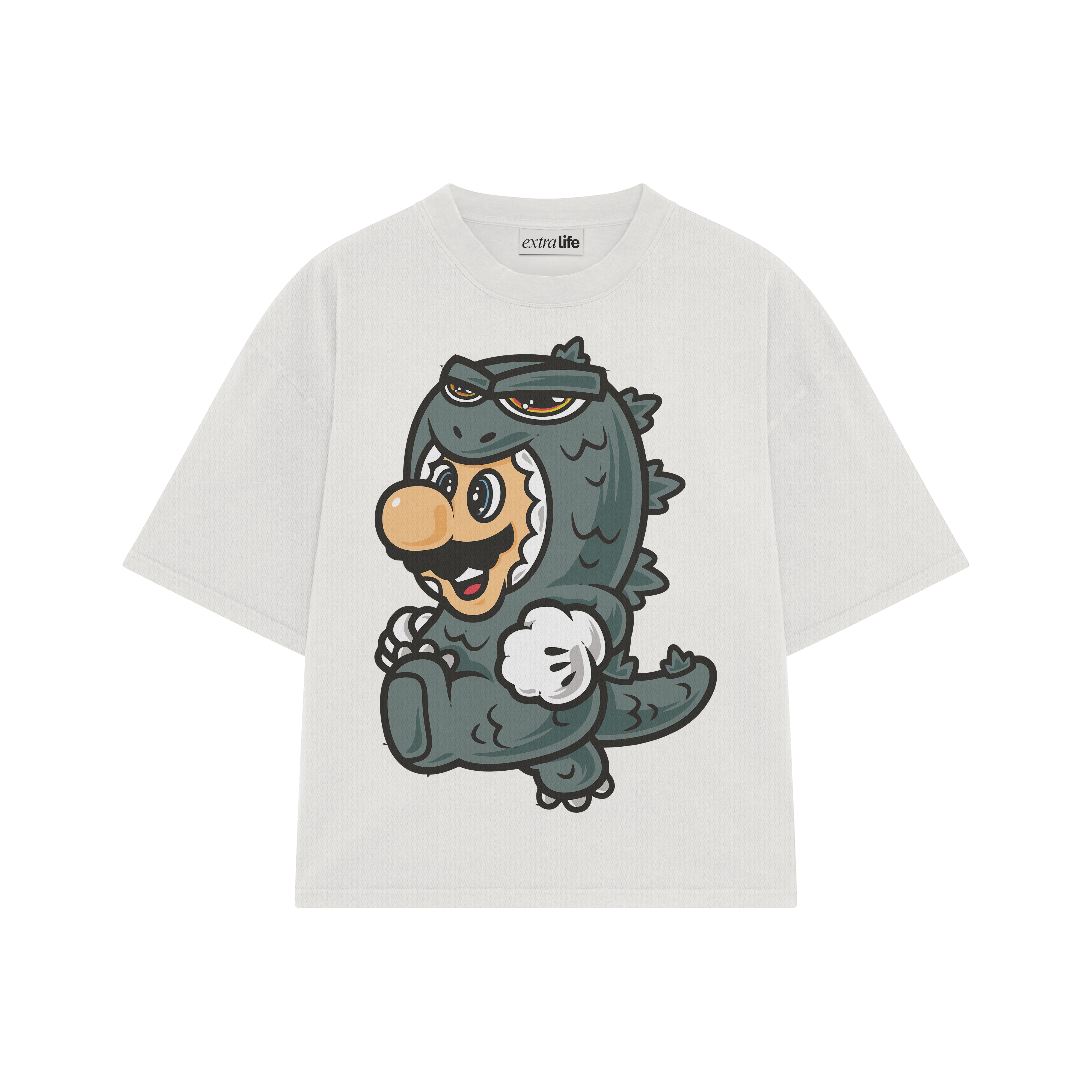 Playera streetwear premium de anime y gaming ExtraLife MX, corte boxy oversized drop shoulder heavyweight en color Deep Black y Off-White, moda urbana mexicana de culto.