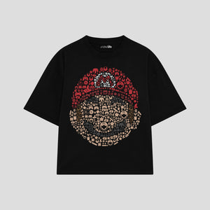 Playera streetwear premium de anime y gaming ExtraLife MX, corte boxy oversized drop shoulder heavyweight en color Deep Black y Off-White, moda urbana mexicana de culto.