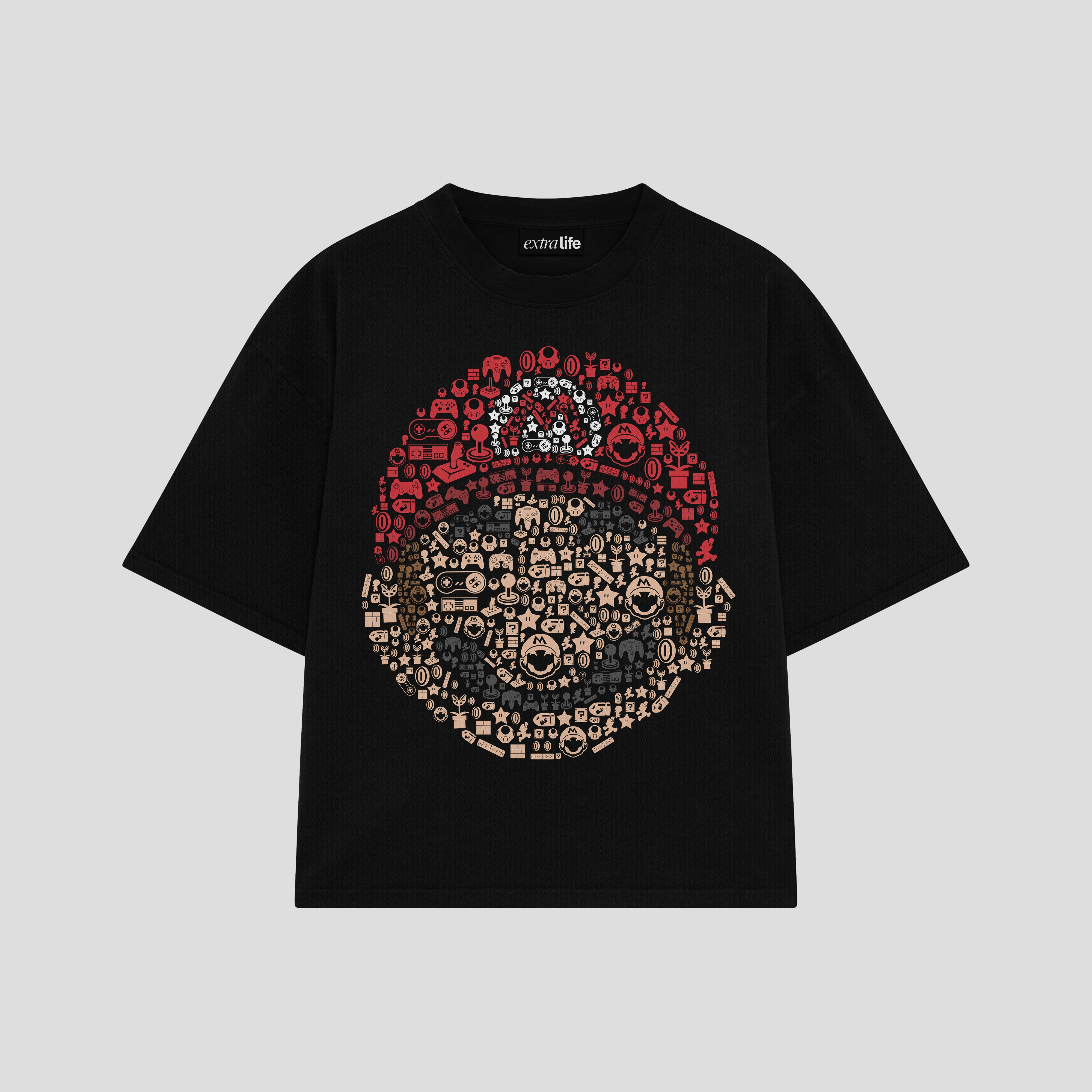 Playera streetwear premium de anime y gaming ExtraLife MX, corte boxy oversized drop shoulder heavyweight en color Deep Black y Off-White, moda urbana mexicana de culto.