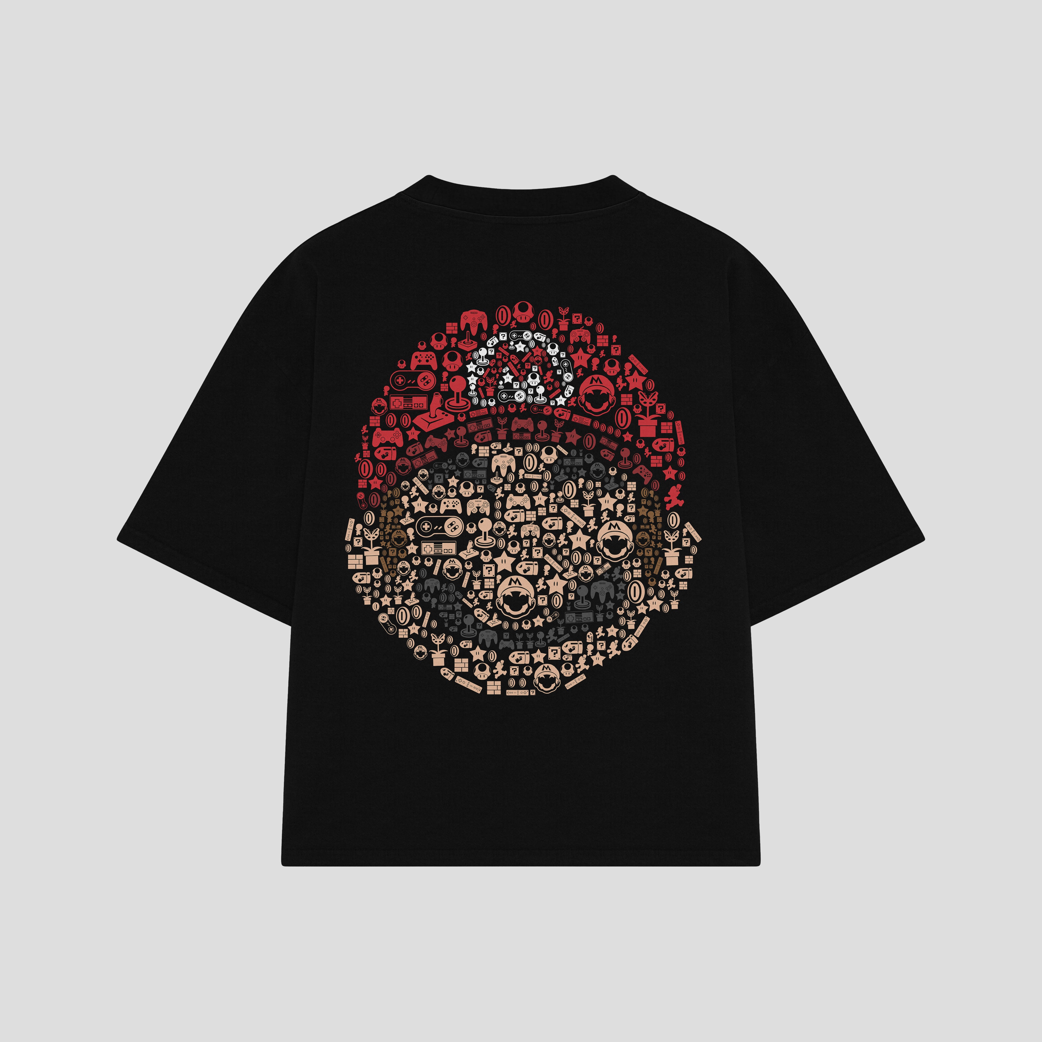 Playera streetwear premium de anime y gaming ExtraLife MX, corte boxy oversized drop shoulder heavyweight en color Deep Black y Off-White, moda urbana mexicana de culto.