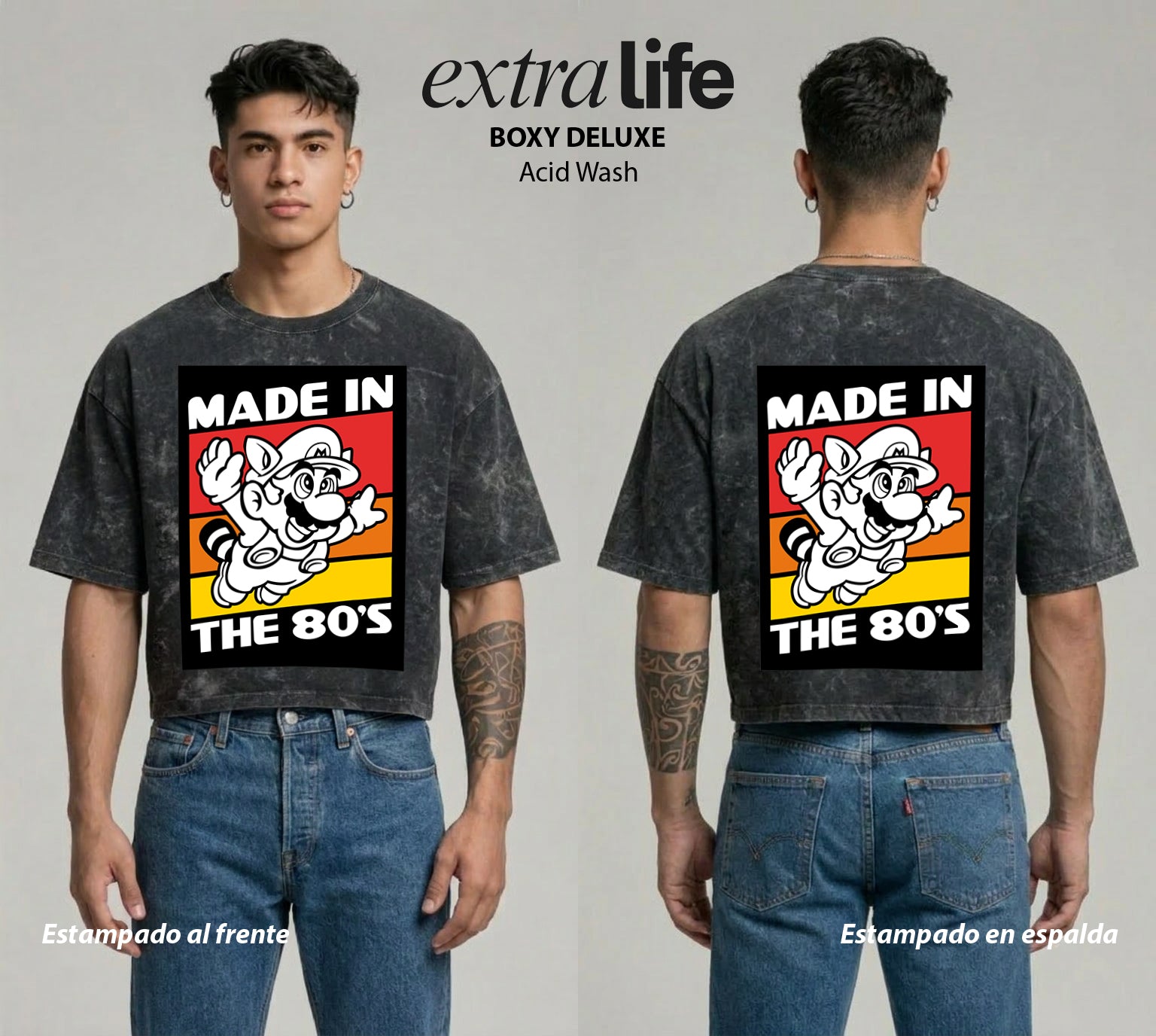 Playera streetwear premium de anime y gaming ExtraLife MX, corte boxy deluxe mineral wash heavyweight en color Acid Wash, moda urbana mexicana de culto.
