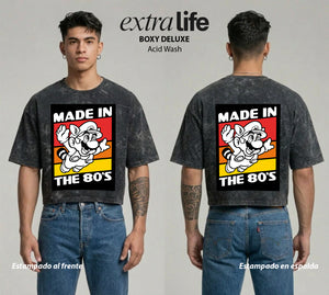 Playera streetwear premium de anime y gaming ExtraLife MX, corte boxy deluxe mineral wash heavyweight en color Acid Wash, moda urbana mexicana de culto.