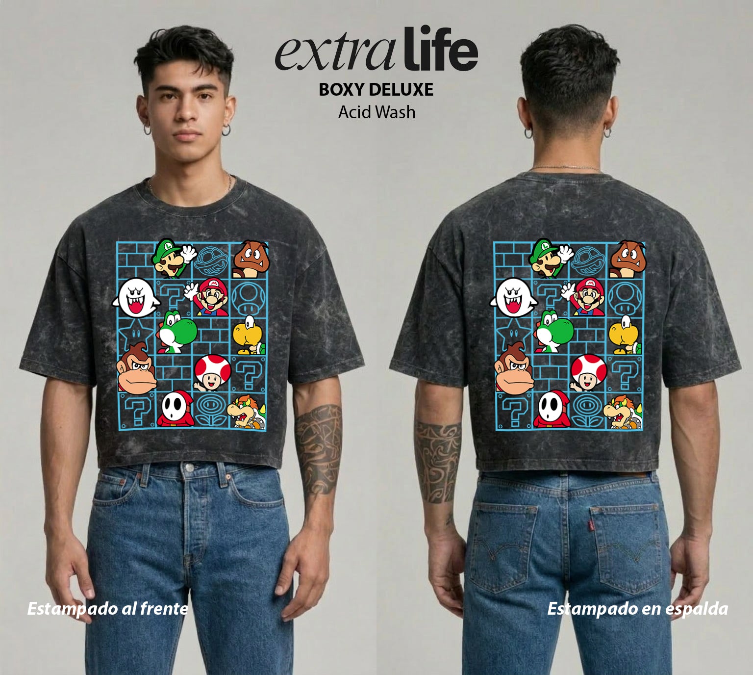 Playera streetwear premium de anime y gaming ExtraLife MX, corte boxy deluxe mineral wash heavyweight en color Acid Wash, moda urbana mexicana de culto.