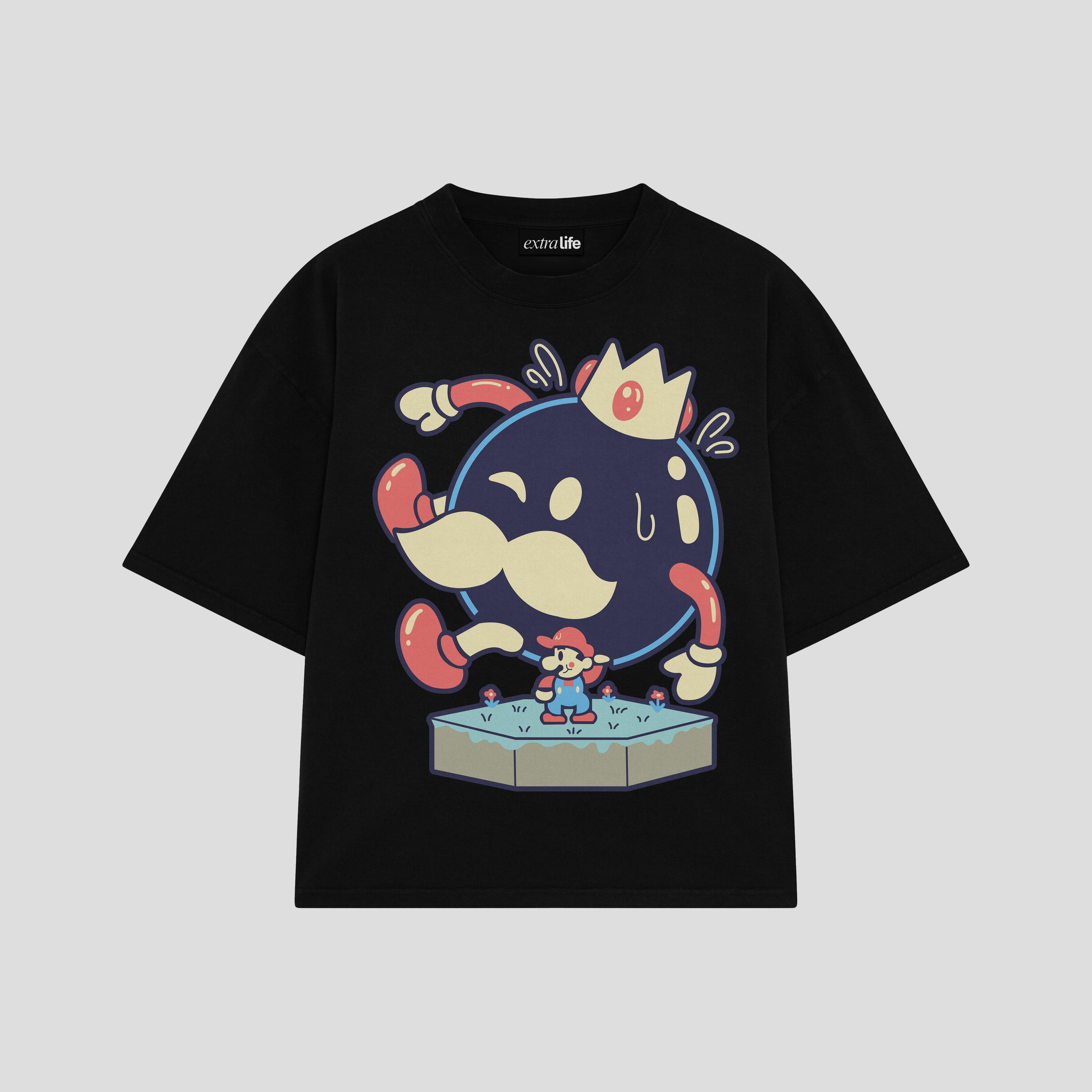 Playera streetwear premium de anime y gaming ExtraLife MX, corte boxy oversized drop shoulder heavyweight en color Deep Black y Off-White, moda urbana mexicana de culto.