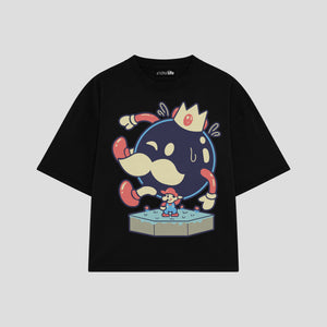 Playera streetwear premium de anime y gaming ExtraLife MX, corte boxy oversized drop shoulder heavyweight en color Deep Black y Off-White, moda urbana mexicana de culto.