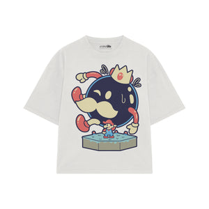 Playera streetwear premium de anime y gaming ExtraLife MX, corte boxy oversized drop shoulder heavyweight en color Deep Black y Off-White, moda urbana mexicana de culto.