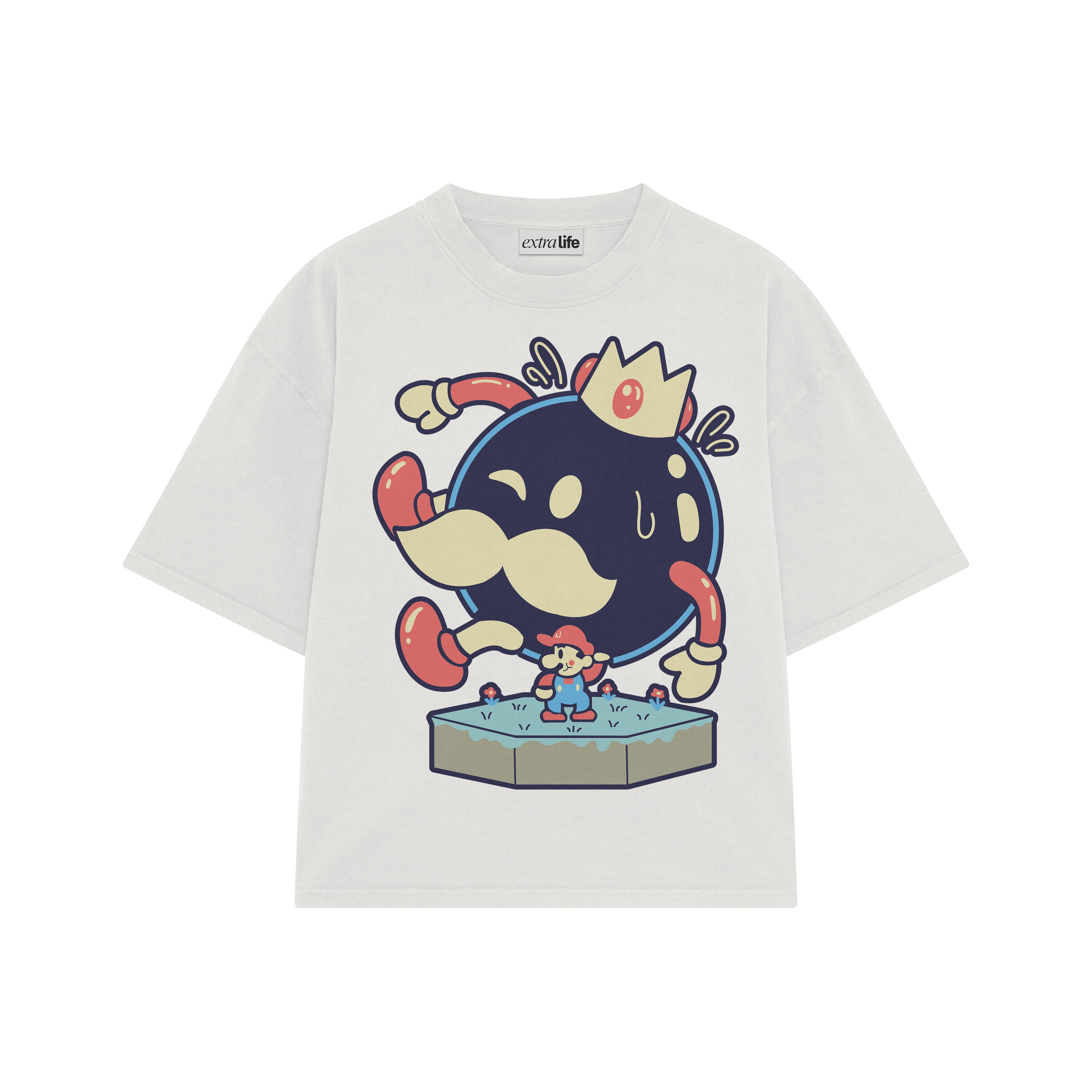 Playera streetwear premium de anime y gaming ExtraLife MX, corte boxy oversized drop shoulder heavyweight en color Deep Black y Off-White, moda urbana mexicana de culto.