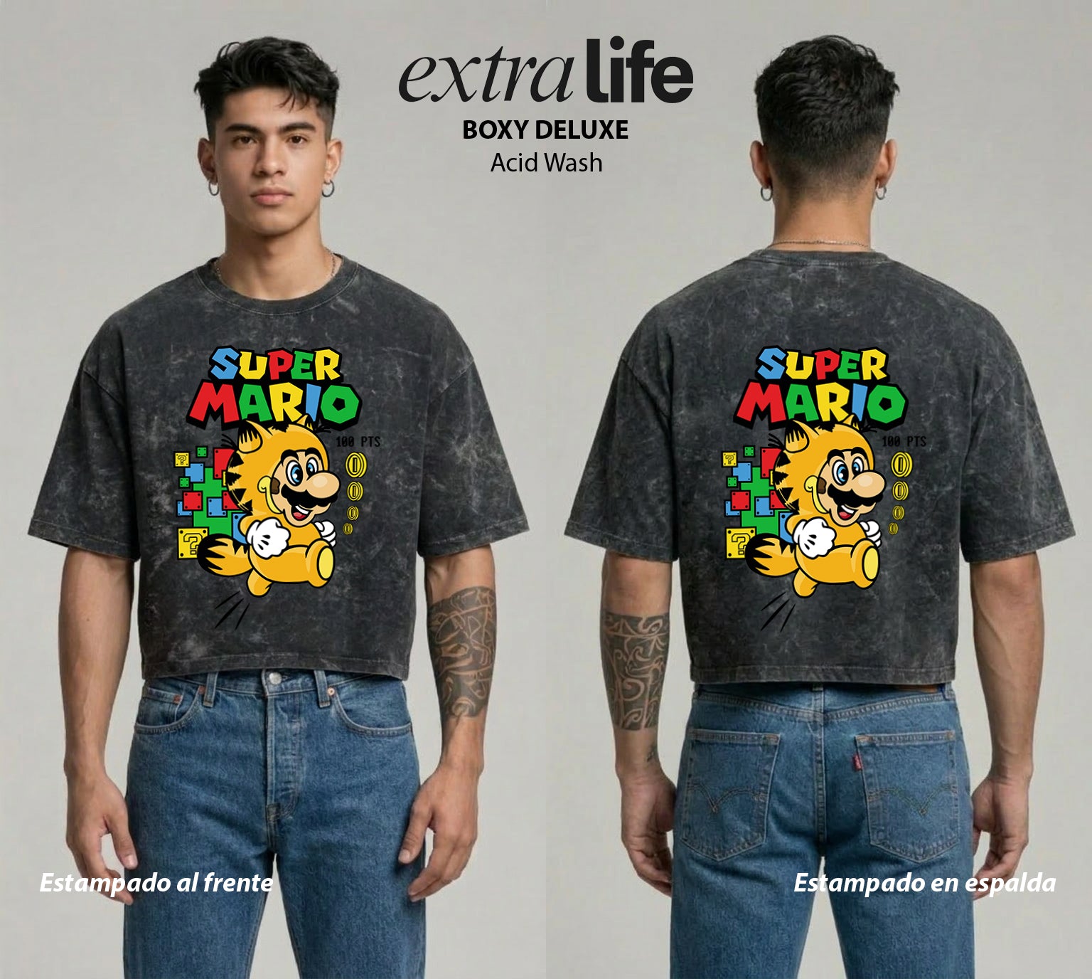 Playera streetwear premium de anime y gaming ExtraLife MX, corte boxy deluxe mineral wash heavyweight en color Acid Wash, moda urbana mexicana de culto.