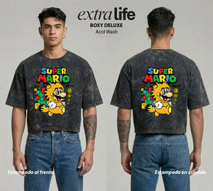 Playera streetwear premium de anime y gaming ExtraLife MX, corte boxy deluxe mineral wash heavyweight en color Acid Wash, moda urbana mexicana de culto.