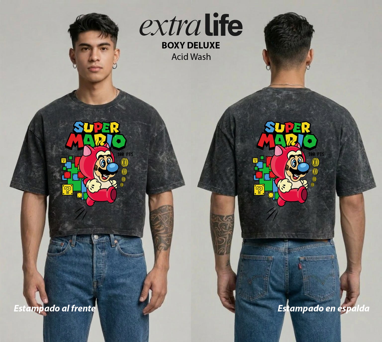 Playera streetwear premium de anime y gaming ExtraLife MX, corte boxy deluxe mineral wash heavyweight en color Acid Wash, moda urbana mexicana de culto.