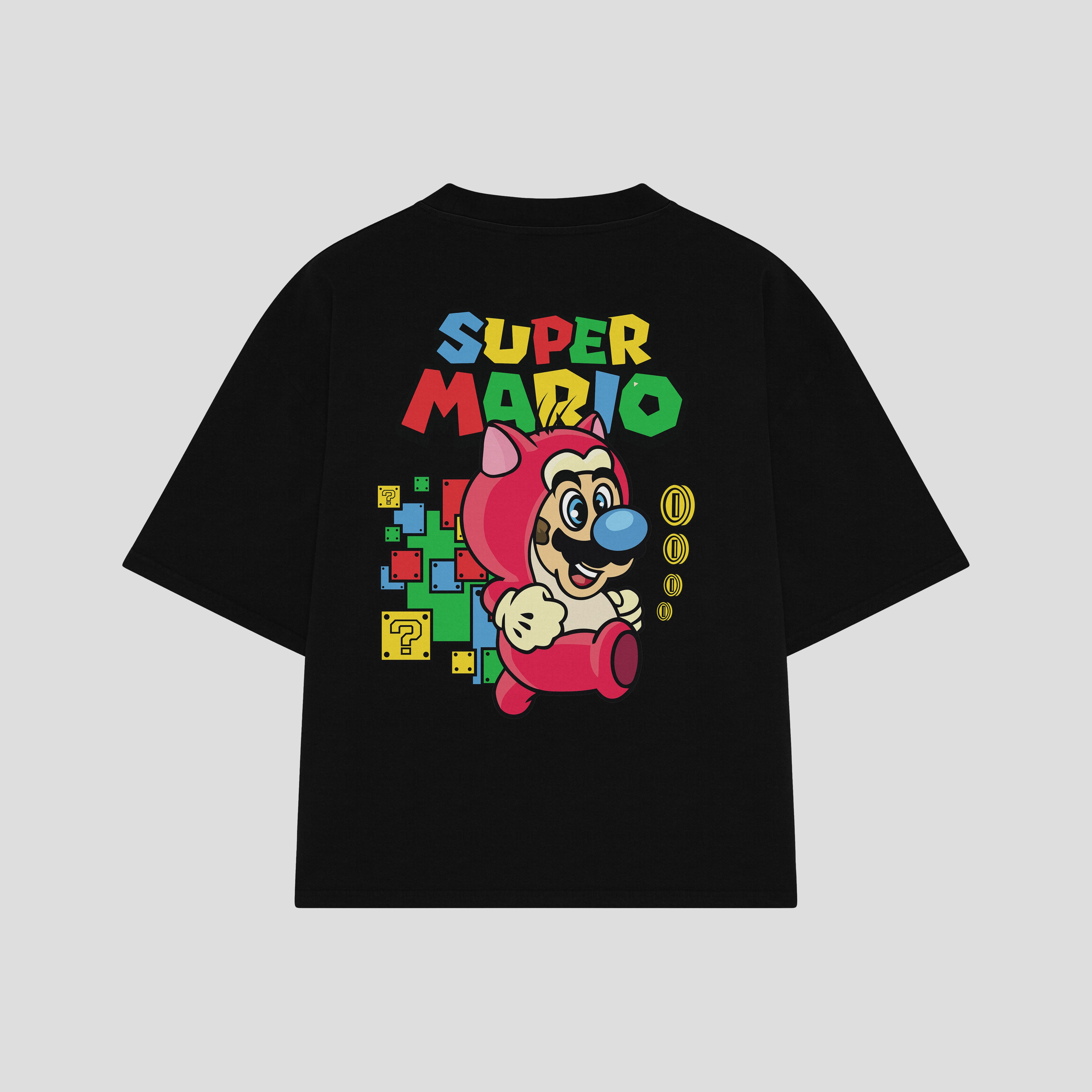 Playera streetwear premium de anime y gaming ExtraLife MX, corte boxy oversized drop shoulder heavyweight en color Deep Black y Off-White, moda urbana mexicana de culto.