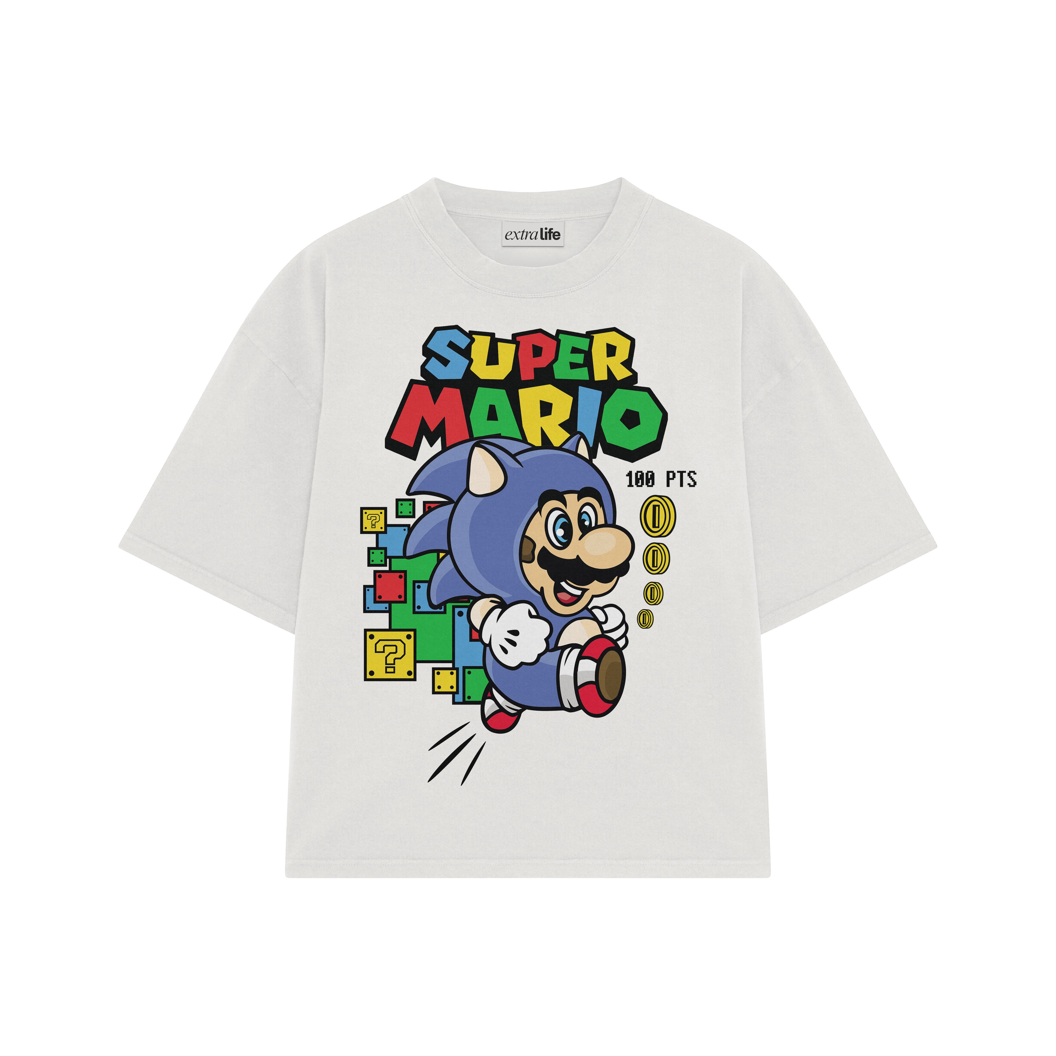 Playera streetwear premium de anime y gaming ExtraLife MX, corte boxy oversized drop shoulder heavyweight en color Deep Black y Off-White, moda urbana mexicana de culto.
