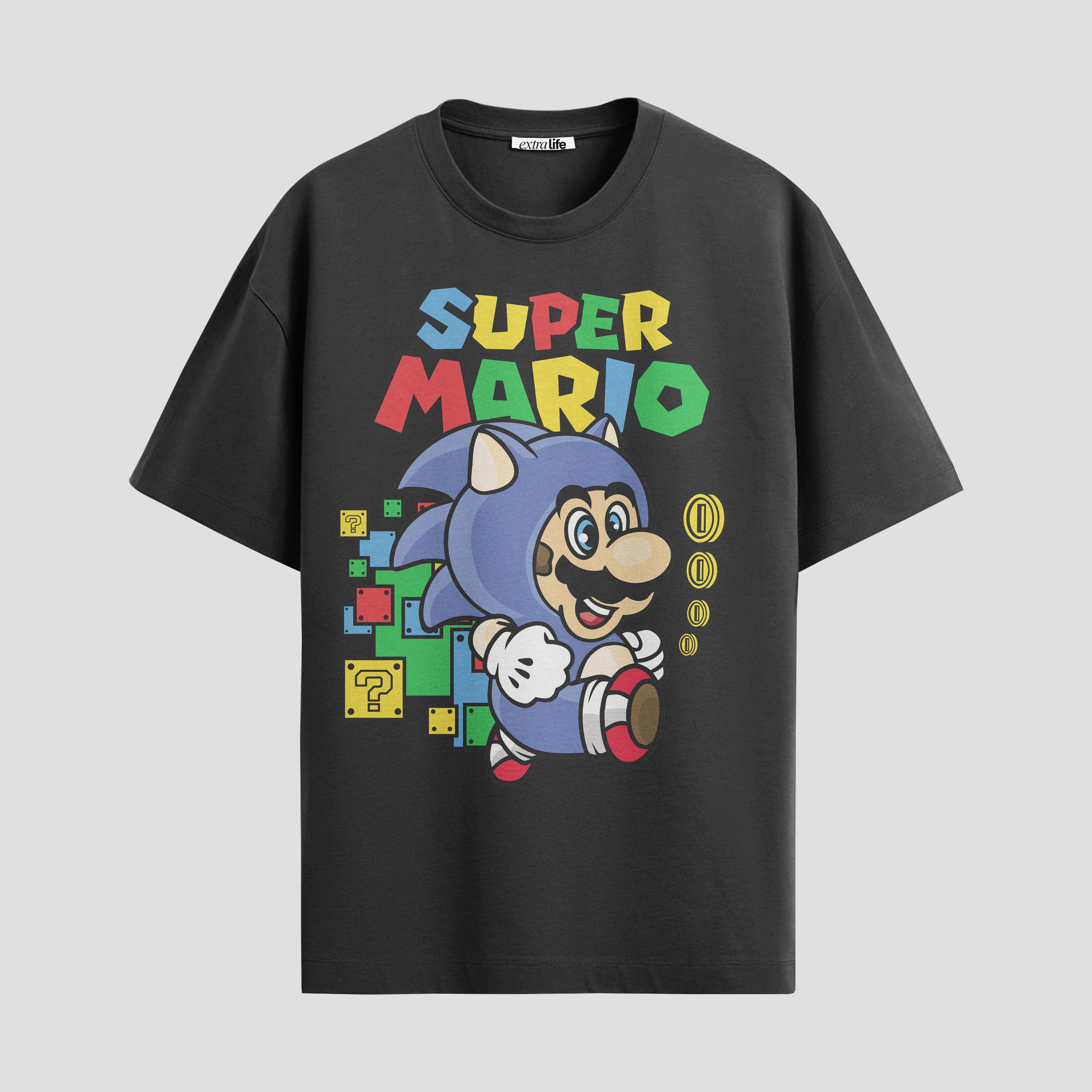 Playera urbana de anime y gaming ExtraLife MX, corte Standard Fit unisex ligero y transpirable en color Deep Black y Pure White, ropa de uso diario para gym y casual.