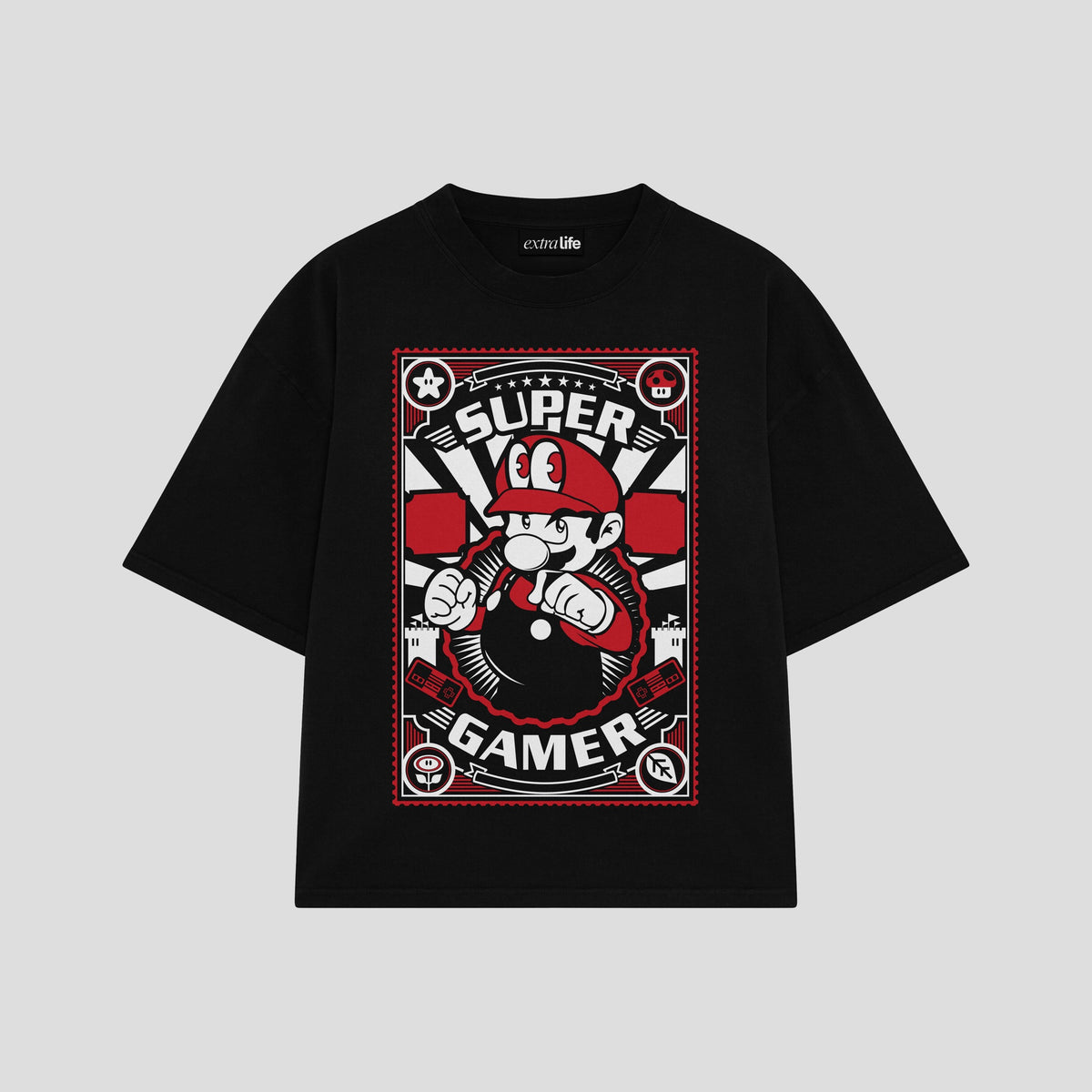 Playera streetwear premium de anime y gaming ExtraLife MX, corte oversized drop shoulder ligero y fresco en color Deep Black y Off-White, moda urbana mexicana de culto.