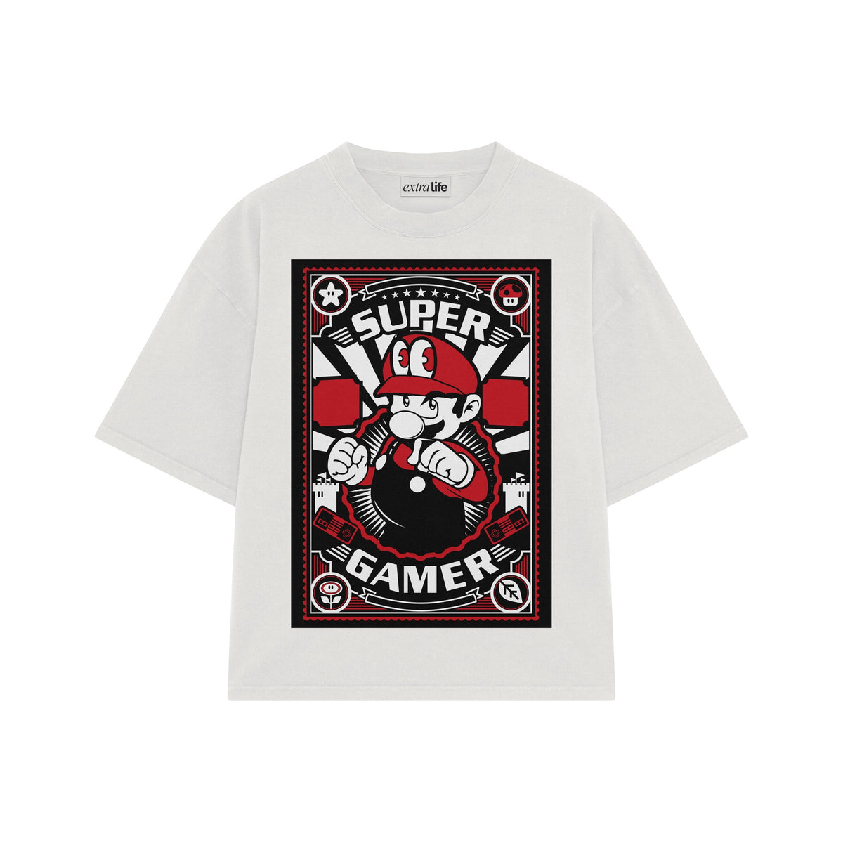Playera streetwear premium de anime y gaming ExtraLife MX, corte oversized drop shoulder ligero y fresco en color Deep Black y Off-White, moda urbana mexicana de culto.