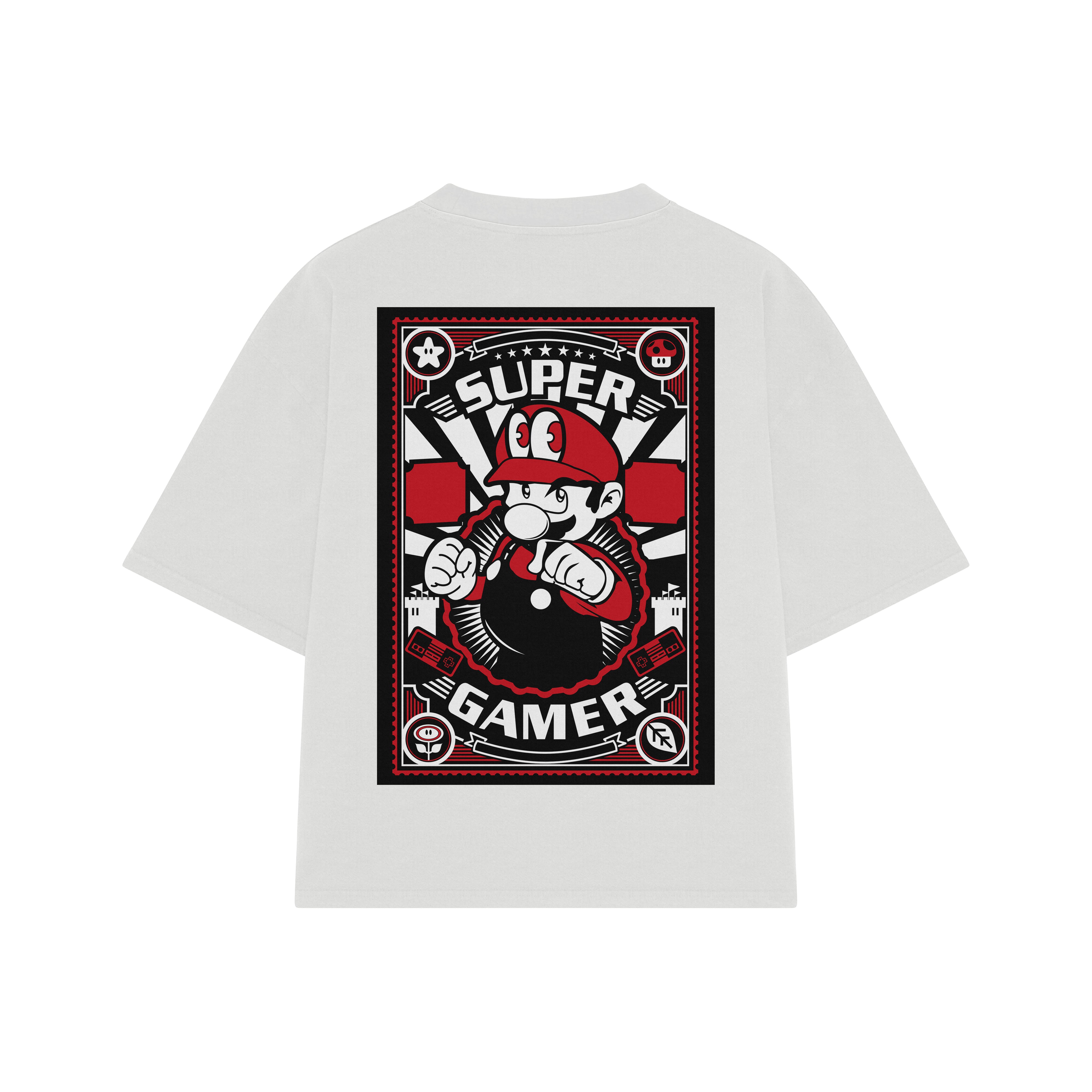 Playera streetwear premium de anime y gaming ExtraLife MX, corte boxy oversized drop shoulder heavyweight en color Deep Black y Off-White, moda urbana mexicana de culto.