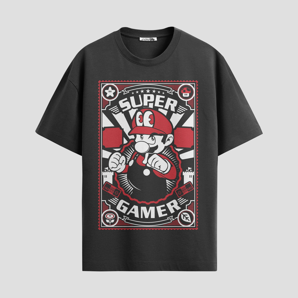 Playera urbana de anime y gaming ExtraLife MX, corte Classic Premium unisex ligero y transpirable en color Deep Black y Pure White, ropa de uso diario para gym y casual.