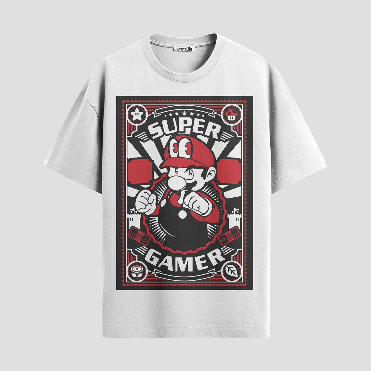 Playera urbana de anime y gaming ExtraLife MX, corte Classic Premium unisex ligero y transpirable en color Deep Black y Pure White, ropa de uso diario para gym y casual.