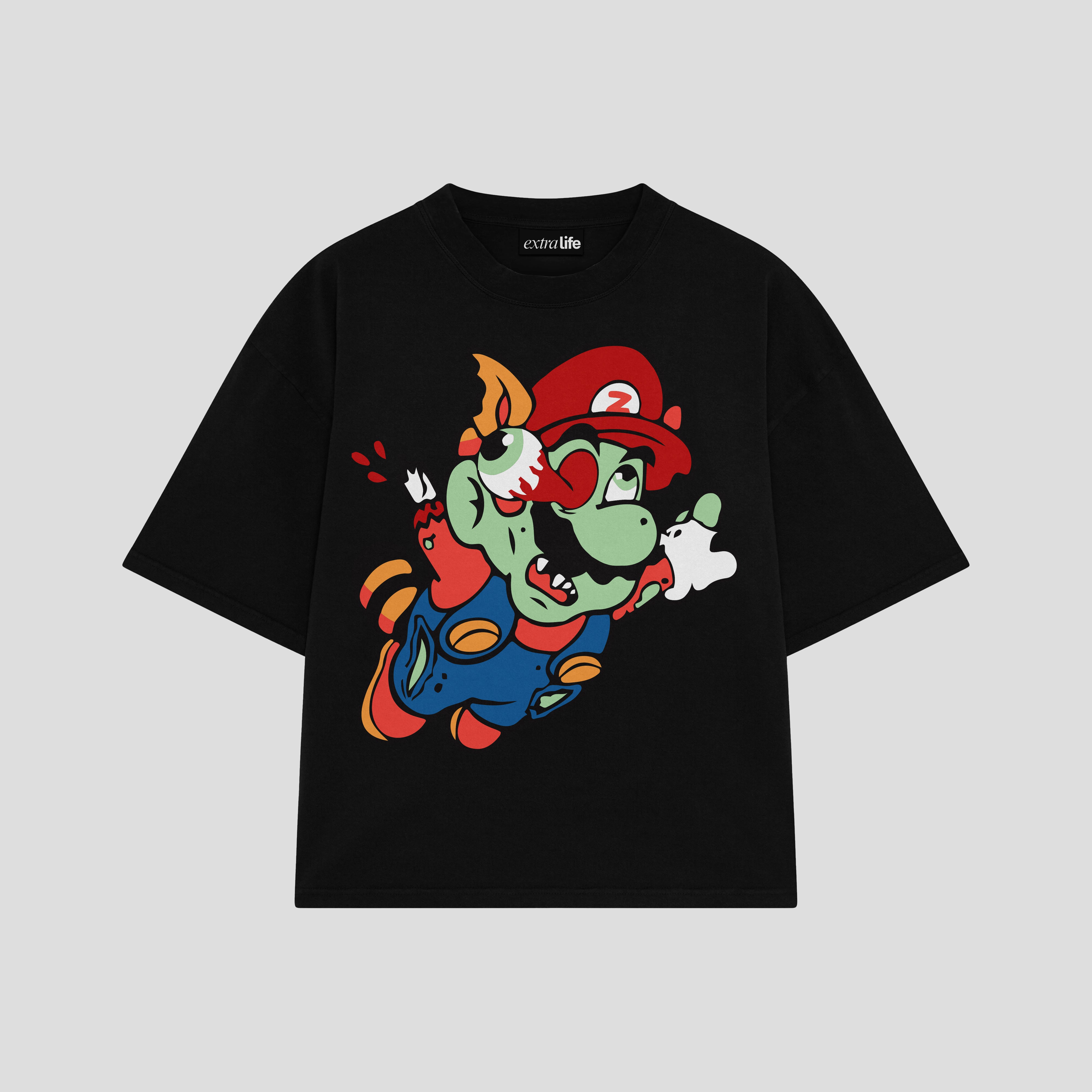 Playera streetwear premium de anime y gaming ExtraLife MX, corte boxy oversized drop shoulder heavyweight en color Deep Black y Off-White, moda urbana mexicana de culto.