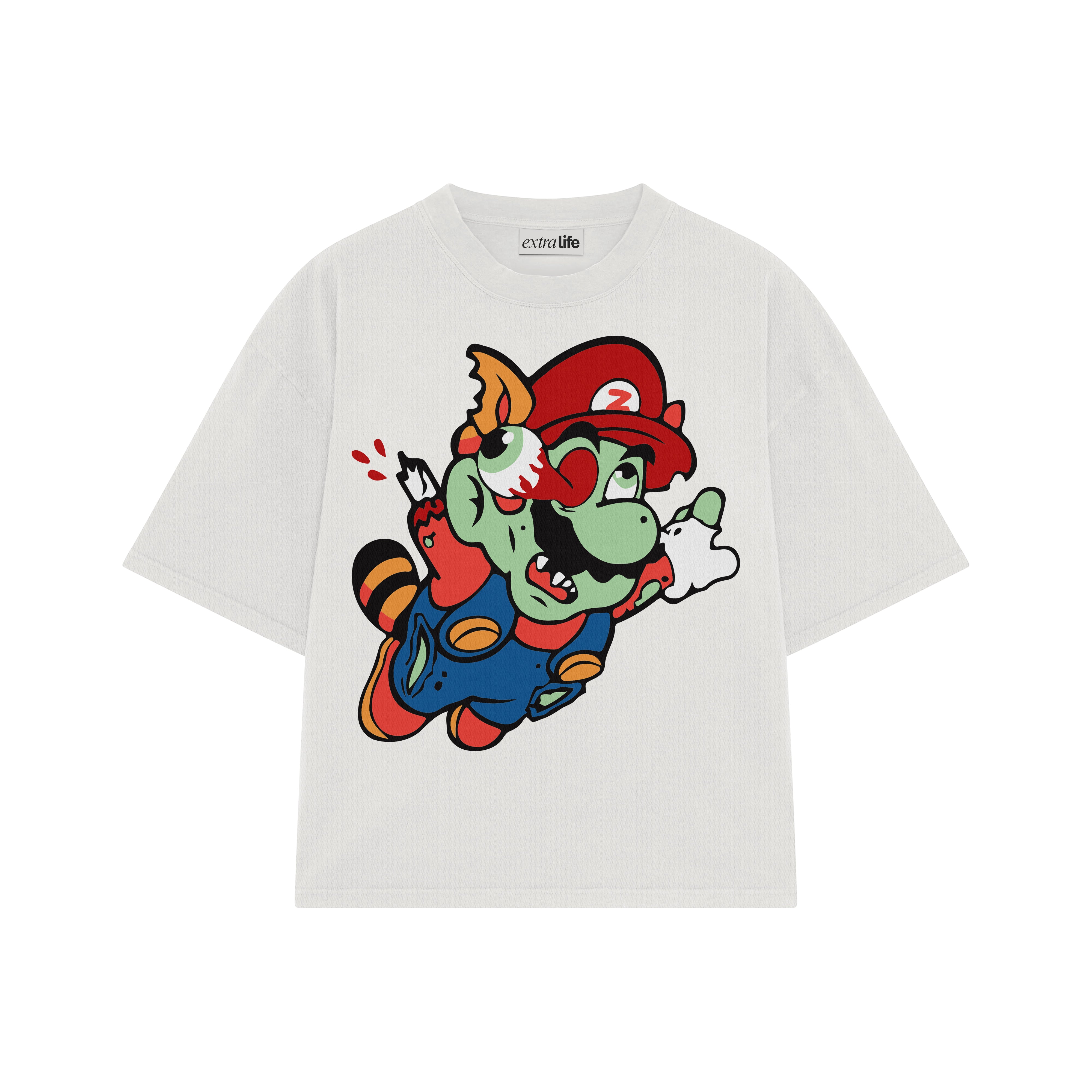Playera streetwear premium de anime y gaming ExtraLife MX, corte boxy oversized drop shoulder heavyweight en color Deep Black y Off-White, moda urbana mexicana de culto.