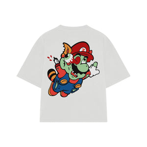 Playera streetwear premium de anime y gaming ExtraLife MX, corte boxy oversized drop shoulder heavyweight en color Deep Black y Off-White, moda urbana mexicana de culto.