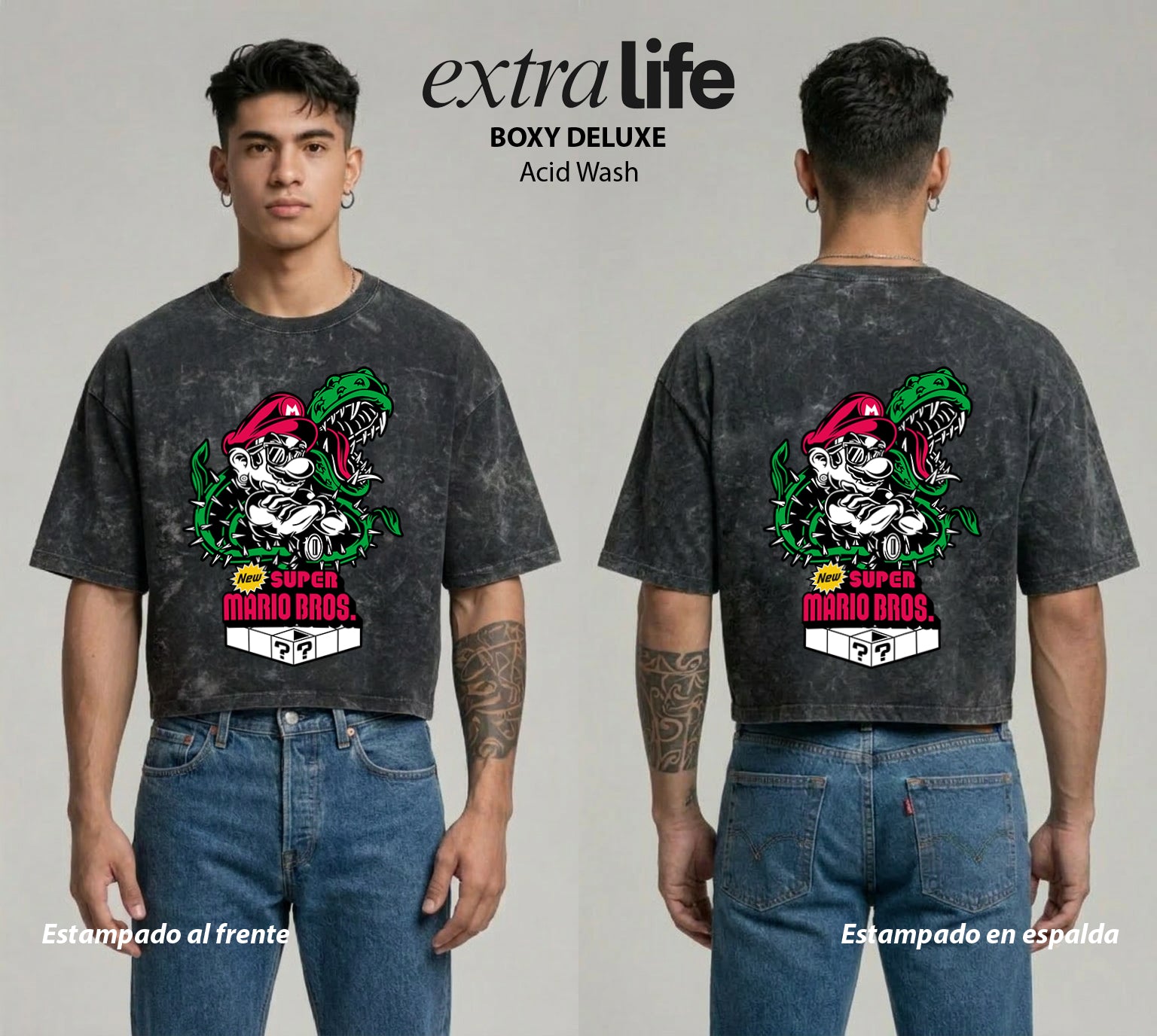 Playera streetwear premium de anime y gaming ExtraLife MX, corte boxy deluxe mineral wash heavyweight en color Acid Wash, moda urbana mexicana de culto.