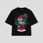 Playera streetwear premium de anime y gaming ExtraLife MX, corte boxy oversized drop shoulder heavyweight en color Deep Black y Off-White, moda urbana mexicana de culto.